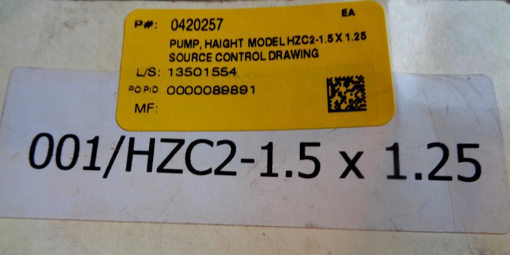 HAIGHT HZ SERIES CENTRIFUGAL PUMP, MODEL#: HZC2-1.5X1.25